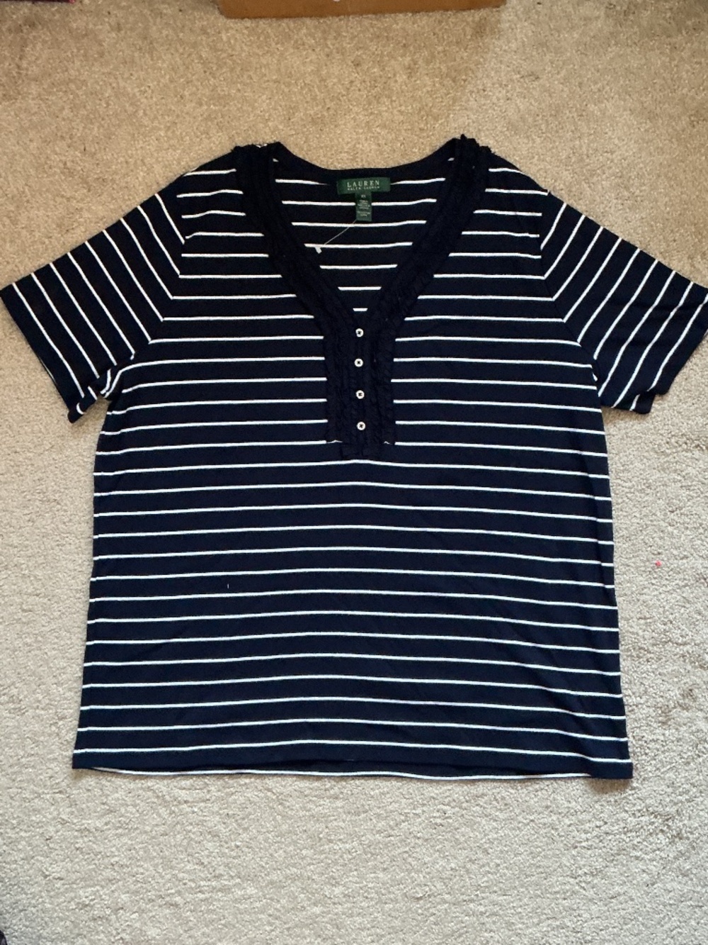 Lauren Ralph Lauren Navy & White Striped V-Neck Top Size 2X